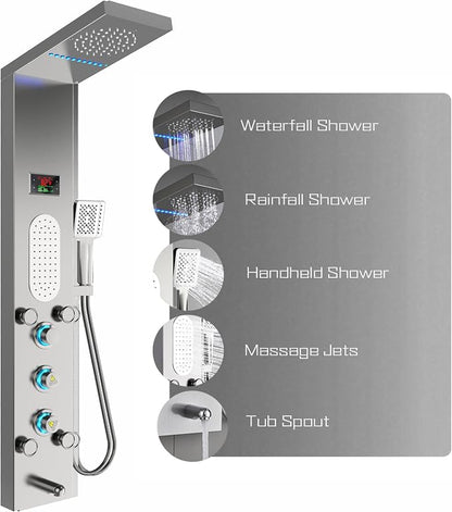 ELLO&ALLO LED Shower Panel Tower System, Rainfall and Mist Shower Head Rain Massage with Body Jets, Brushed Nickel