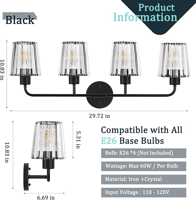 Black Vanity Lights, 4-Light Crystal Bathroom Light Fixtures | Modern Bathroom Vanity Light E26 Wall Light over Mirror (Exclude Bulb)