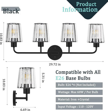 Black Vanity Lights, 4-Light Crystal Bathroom Light Fixtures | Modern Bathroom Vanity Light E26 Wall Light over Mirror (Exclude Bulb)