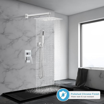 Shower Faucet Set Bathroom Square Rain Shower Head and Handle Set, Wall Mounted Shower Fixtures With Shower Valve and Trim Kit 10 inch Polished Chrom