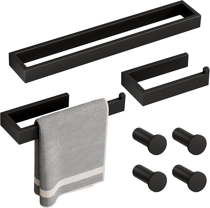 SAYAYO 7-Piece Bathroom Hardware Set Black, Includes 16 Inch Towel Bar | Towel Ring, Toilet Paper Holder & 4Pcs Coat Hooks Wall Mount, Towel Racks for Bathroom Accessories Set SUS304 Stainless Steel