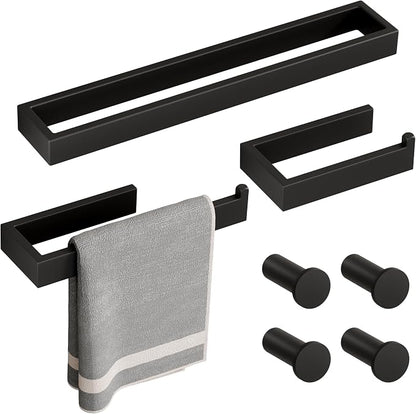SAYAYO 7-Piece Bathroom Hardware Set Black, Includes 16 Inch Towel Bar | Towel Ring, Toilet Paper Holder & 4Pcs Coat Hooks Wall Mount, Towel Racks for Bathroom Accessories Set SUS304 Stainless Steel