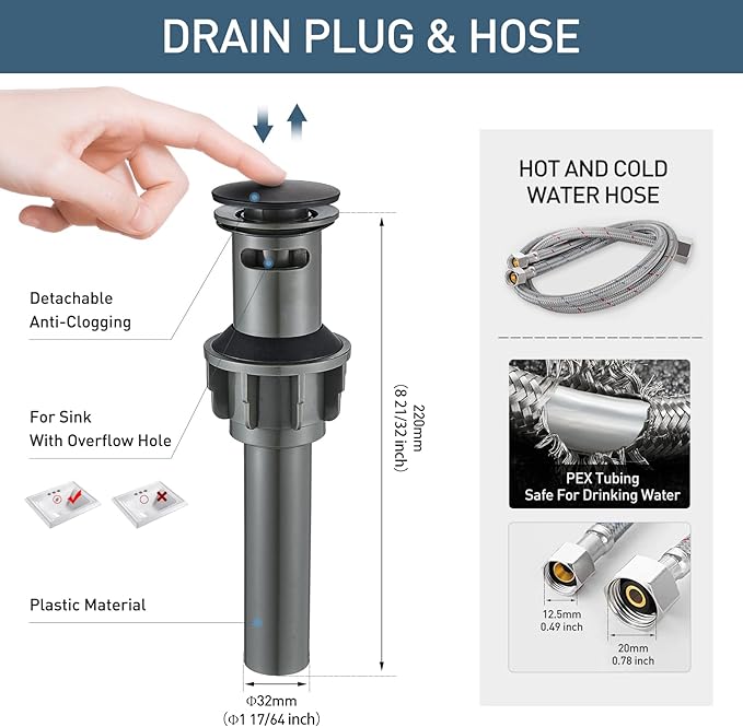 Bathroom Faucets for Sink 3 Hole, 4 inch Matte Black with Pop-up Drain and 2 Supply Hoses 2 Handle Centerset Faucet for Sink Vanity