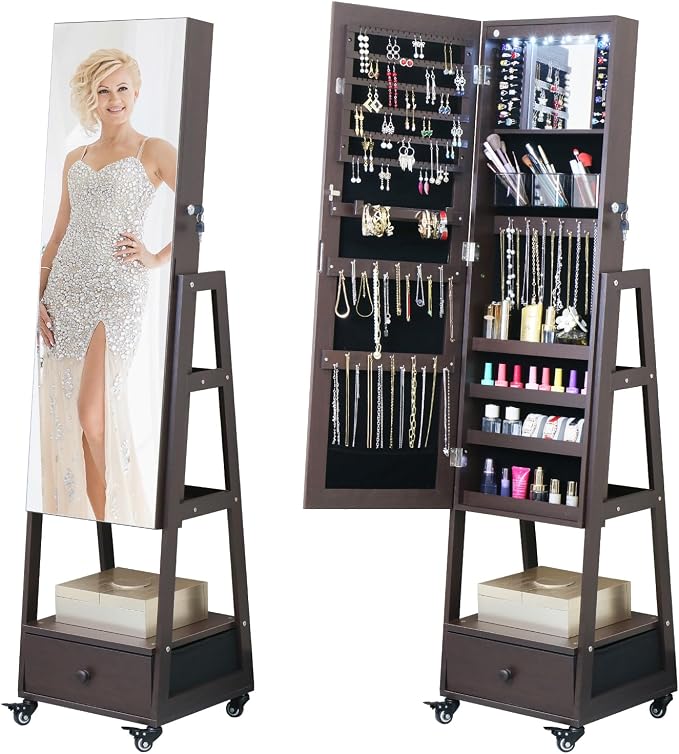 Jewelry Armoire Organizer 62 Inch Full Length Mirror with Standing Mirror Jewelry Cabinet Lockable Jewelry Storage Cabinet With Drawer Wheels Brown