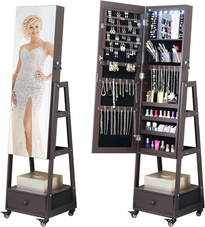 Jewelry Armoire Organizer 62 Inch Full Length Mirror with Standing Mirror Jewelry Cabinet Lockable Jewelry Storage Cabinet With Drawer Wheels Brown