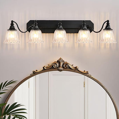 Black Vintage Bathroom Vanity Light Fixture, 5-Light Vanity Light for Bathroom, Antique Matte Black Finish with Crystal Glass Shade, Lighting Fixtures Over Mirror for Bedroom Living Room