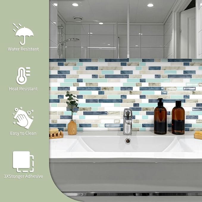 10 Sheets Thick Peel and Stick Kitchen Backsplash Tiles | 3D Waterproof Self Adhesive Wall Tile Stick on Backsplash for Kitchen,Bathroom and Fireplace(Mixed Blue,12"×12")