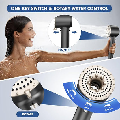 Filtered Shower Head with Handheld,High Pressure Shower Heads 3 Spray Modes Turbo with ON/OFF Switch,Water Filter Shower Head with Stainless Hose for Hard Water RV Home Camper Travel Trailer