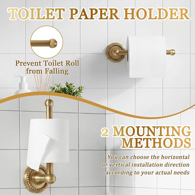 4 Pcs Antique Brass Gold Bathroom Accessories Set, Towel Ring, Toilet Paper Holder & Robe Hooks, Wall Mounted Brushed Solid Brass with Vintage Finish for Bathroom Decor Hardware Fixture Set
