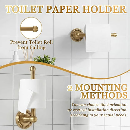 4 Pcs Antique Brass Gold Bathroom Accessories Set, Towel Ring, Toilet Paper Holder & Robe Hooks, Wall Mounted Brushed Solid Brass with Vintage Finish for Bathroom Decor Hardware Fixture Set
