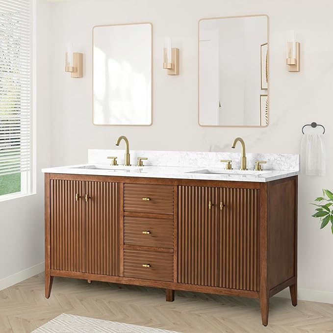 HOMEBEYOND 60" Bathroom Vanity with Double Sink, Solid Wood Bathroom Vanity Free-Standing Cabinet, Ceramic Top & Soft Closing Door, Golden Brushed Handware, Walnut