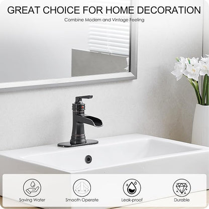 Brass Oil Rubbed Bronze Bathroom Faucet Waterfall Bathroom Sink Faucet 1 Hole or 4 Inch 3 Hole, Single Handle with Deck Plate, Pop-up Drain, cUPC Supply Lines for Vanity, 5 Mins Quick Install