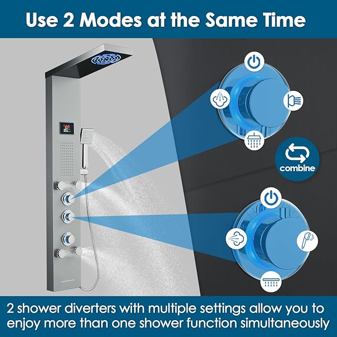 ROVOGO No Battery Needed Shower Panel System with Led Lights MIST & RAIN Shower, Body Jets, Handheld, Tub Spout and Temp Display, Hydroelectric Led Shower Tower Column Stainless Steel Brushed