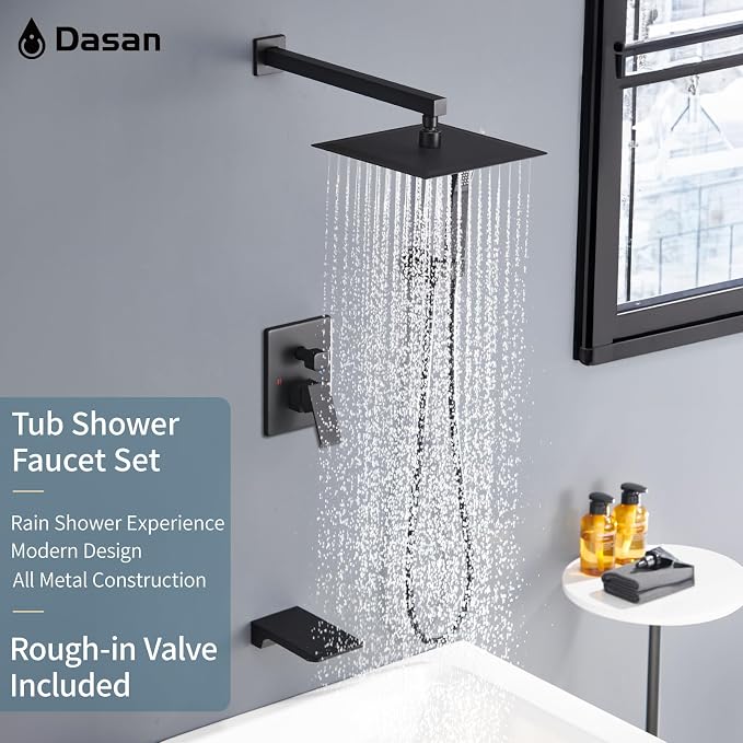 DASAN Tub Shower Faucets Sets Complete Matte Black Bathtub Shower System with Waterfall Tub Spout, Bathtub Faucet Set Tub and Shower Faucet Combo Trim Kit with Valve, DA-SS04MB-S10W