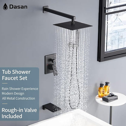 DASAN Tub Shower Faucets Sets Complete Matte Black Bathtub Shower System with Waterfall Tub Spout, Bathtub Faucet Set Tub and Shower Faucet Combo Trim Kit with Valve, DA-SS04MB-S10W