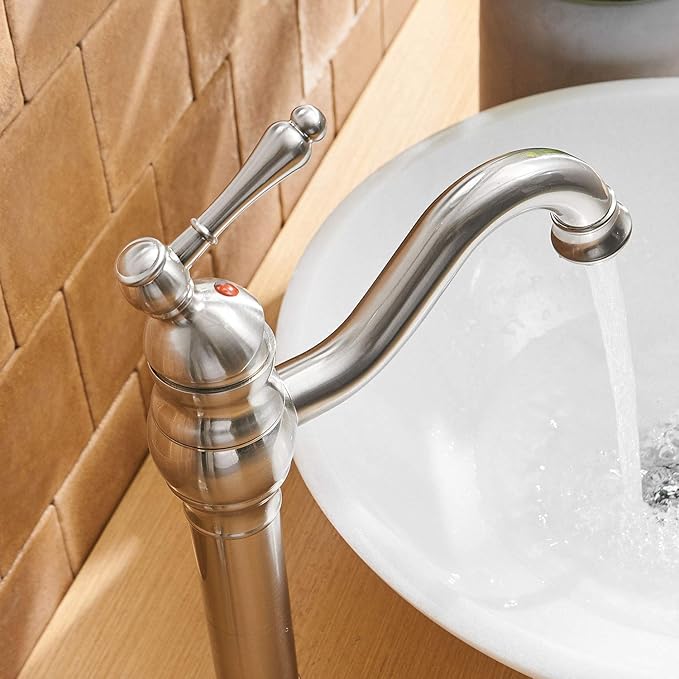 BWE 360°Swivel Bathroom Vessel Sink Faucet Brushed Nickel Single Handle One Hole Lavatory Mixer Tap with Pop Up Drain Assembly Without Overflow and Supply Line Tap Body