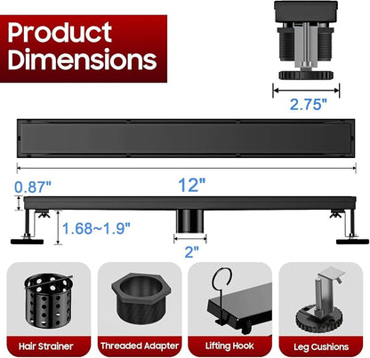 DLONE® Linear Shower Drain - 12 Inch Matte Black, with Tile Insert Pane | AISI 304 Stainless Steel Linear Drain, Rectangle Shower Floor Drain, with Adjustable Feet, Fits Bathroom & Balcony etc