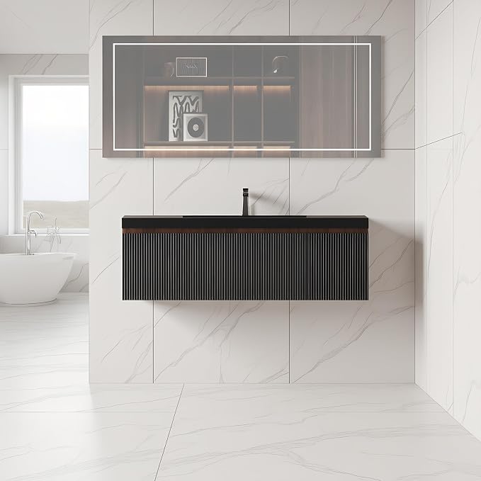 Floating Bathroom Vanity, 48" Wall Mounted Bathroom Cabinet with Matte Black Quartz Sand Sink, U-Shaped Soft-Close Drawer & Door, Pre-Assembled Striped Storage Vanity for Bathroom, Walnut&Black
