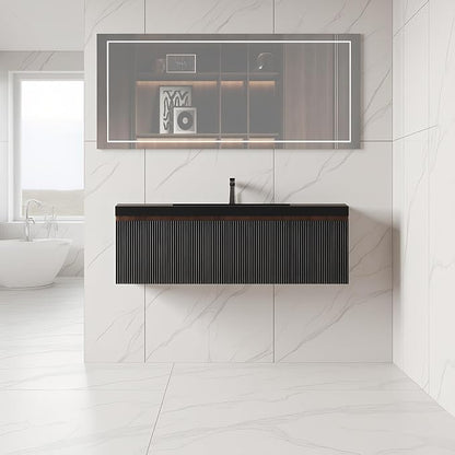 Floating Bathroom Vanity, 48" Wall Mounted Bathroom Cabinet with Matte Black Quartz Sand Sink, U-Shaped Soft-Close Drawer & Door, Pre-Assembled Striped Storage Vanity for Bathroom, Walnut&Black
