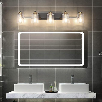 SOLFART Vintage Vanity Lights for Bathroom 5 Light Bathroom Vanity Light Black Metal with Clear Glass Brass Fixtures Wall Mount Lighting Wall Sconce