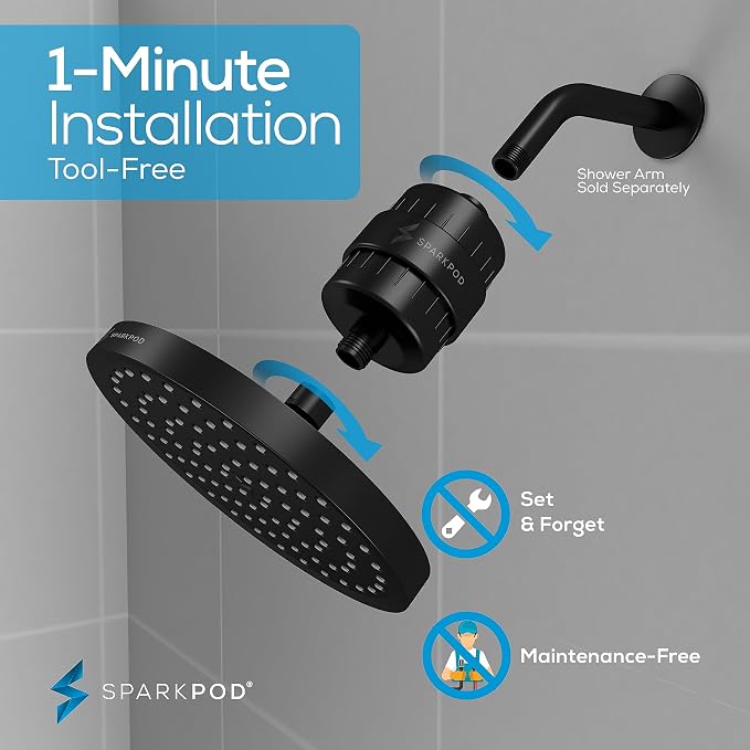 SparkPod Filtered Shower Head, 23-Stage, 8" Round, Black Matte | Showerhead for Hard Water, High Pressure, Reduces Chlorine, Heavy Metals, For Dry Skin & Hair, Removable Capsule Filter