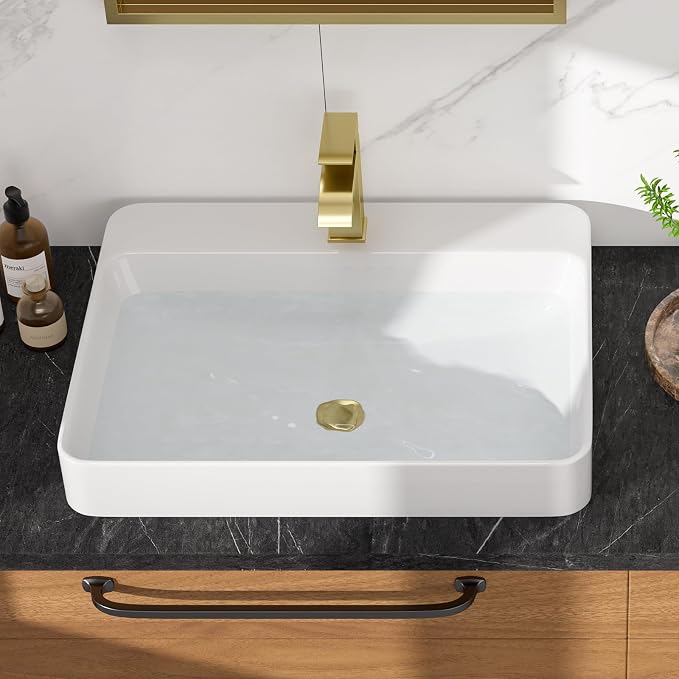 Rectangular Bathroom Vessel Sink, 24"W x 19"D Semi Recessed Bathroom Sink White Ceramic Porcelain Vanity Sink Basin Above Counter for Bathroom, Restroom & Home Use