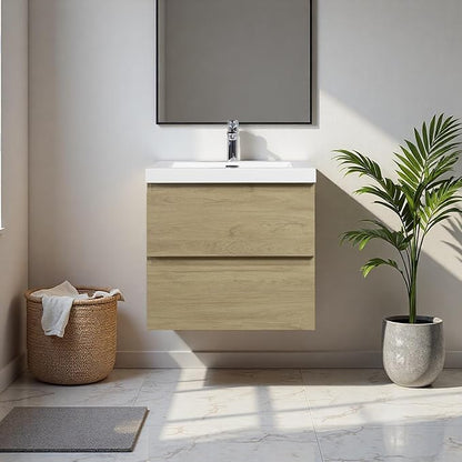 Floating Bathroom Vanity with Sink, 24" Wall-Mounted Bathroom Storage Cabinet with Resin Countertop & 2 Soft Close Drawers, Modern Stylish Vanity with Open Back Design, Easy to Clean, Oak