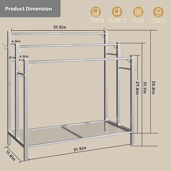 HavenlyYouth Free Standing Towel Rack for Bathroom, 3 Tier Blanket Drying Holder for Outside, Pool Towel Rack with Metal Shelf for Display and Storage, 35.8" H x 31.5" L x 11.8" W, Satin Nickel