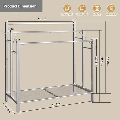 HavenlyYouth Free Standing Towel Rack for Bathroom, 3 Tier Blanket Drying Holder for Outside, Pool Towel Rack with Metal Shelf for Display and Storage, 35.8" H x 31.5" L x 11.8" W, Satin Nickel