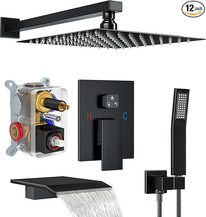 Shower System with Tub Spout, 12-Inch High-Pressure Rain Showerhead and Handheld Combo, Matte Black Shower Faucet Set with Rough-in Valve and Trim, Wall Mounted 3-Way Shower Set