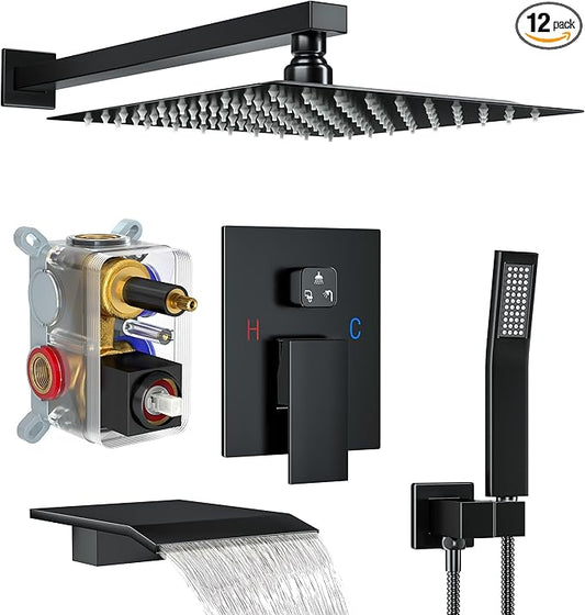 Shower System with Tub Spout, 12-Inch High-Pressure Rain Showerhead and Handheld Combo, Matte Black Shower Faucet Set with Rough-in Valve and Trim, Wall Mounted 3-Way Shower Set