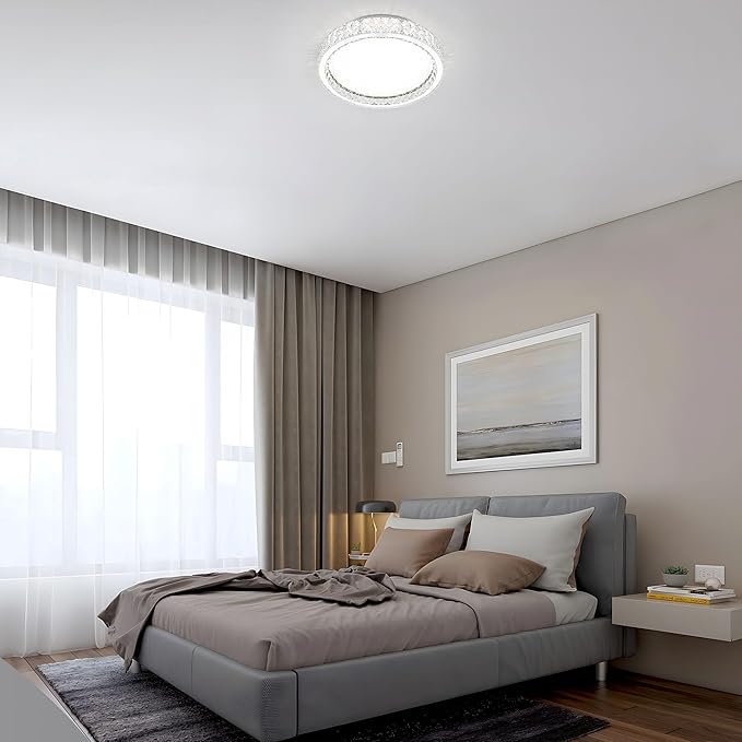 LamQee Crystal Flush Mount Ceiling Light Fixture, Dimmable LED Modern Close to Ceiling Light, Hallway Light Fixtures Round Ceiling Chandelier for Bedroom Kitchen Bathroom Closet Dining Room 13.78 inch