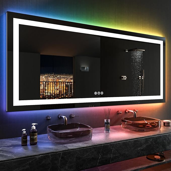 LOAAO 84"X40" RGB LED Bathroom Mirror with Lights, UL Listed | Anti-Fog, Dimmable, RGB Backlit + Front Lighted, Memory Function, Tempered Glass
