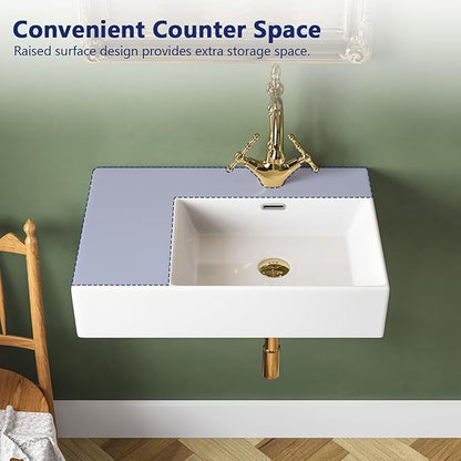 DeerValley 23x16 Inch Wall Mount Bathroom Sink, White Ceramic Rectangular Wall Hung Sink with Right Side Faucet Hole, DV-1WS0126R