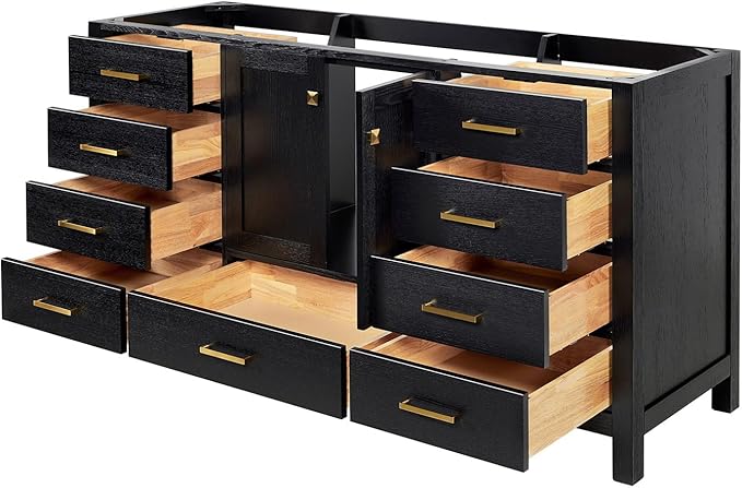 ARIEL Cambridge 66-inch Bathroom Vanity Base Cabinet,Solid Wood, 2 Soft Closing Doors, 9 Dovetail Drawers, Black Oak
