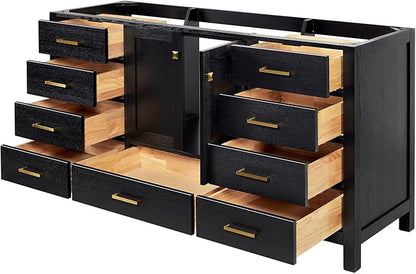 ARIEL Cambridge 66-inch Bathroom Vanity Base Cabinet,Solid Wood, 2 Soft Closing Doors, 9 Dovetail Drawers, Black Oak