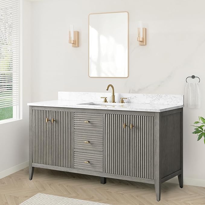 HOMEBEYOND 60" Bathroom Vanity with Single Sink, Solid Wood Bathroom Vanity Free-Standing Cabinet, Ceramic Top & Soft Closing Door, Golden Brushed Handware, Driftwood Gray