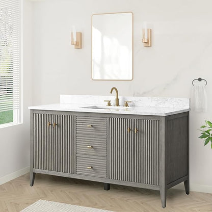 HOMEBEYOND 60" Bathroom Vanity with Single Sink, Solid Wood Bathroom Vanity Free-Standing Cabinet, Ceramic Top & Soft Closing Door, Golden Brushed Handware, Driftwood Gray