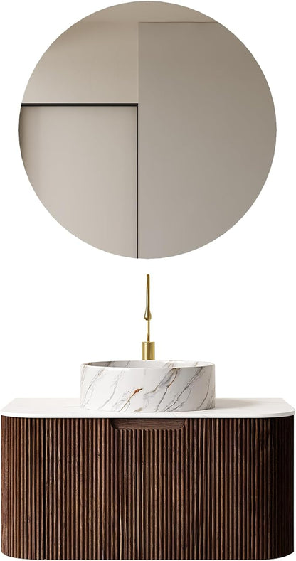 30'' Floating Vanity with Sink Combo, Modern Wall-Mounted Curved Edges Striped Bathroom Storage Cabinet with Soft-Close Drawer and White Stone Pattern Basin, Dark Walnut