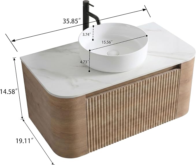 36" Preassembled Floating Bathroom Vanity with Round Sink, Oak | Mid-Century Modern Style, Fluted & Soft-Close Drawer with U-shaped Wall, Sinterted Stone Countertop, Towel Rack Included