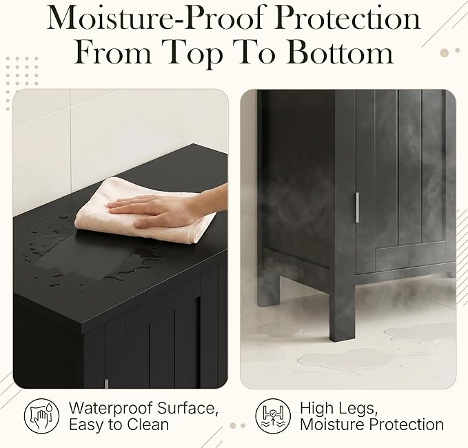 ZENY Bathroom Floor Storage Cabinet with Double Door + Adjustable Shelf, Wooden Organizer Cabinet for Living Room, Bathroom, Bedroom, Modern Home Furniture (Black)