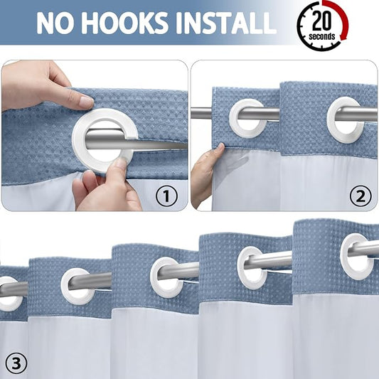 No Hook Shower Curtain with Liner Set Hotel Waffle Sky Blue 72W X 75L | Washable Snap in Fabric Liner, Mesh Top Window, Waffle Hotel Style Shower Curtain Set