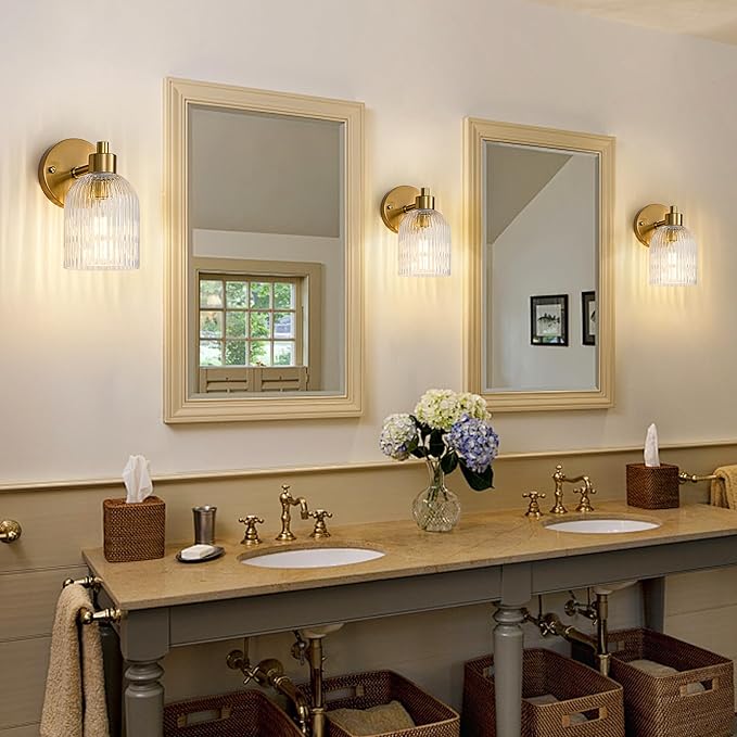 Gold Modern Wall Sconce Set of 2 Glass Bathroom Vanity Lighting Fixture Sconces Wall Lighting Brushed Indoor Wall Mounted Lamp for Living Room Bedroom Bathroom