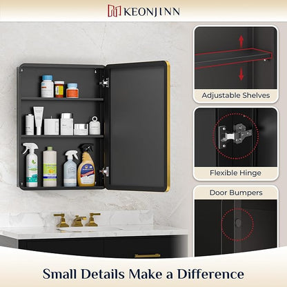 Keonjinn 16"x24" Gold Bathroom Medicine Cabinet with Mirror, DTC Hinges | Stainless Steel Framed, Adjustable Shelves, Wall-Mount/Recessed, Soft Closing, Gold Bathroom Mirror with Storage, Farmhouse