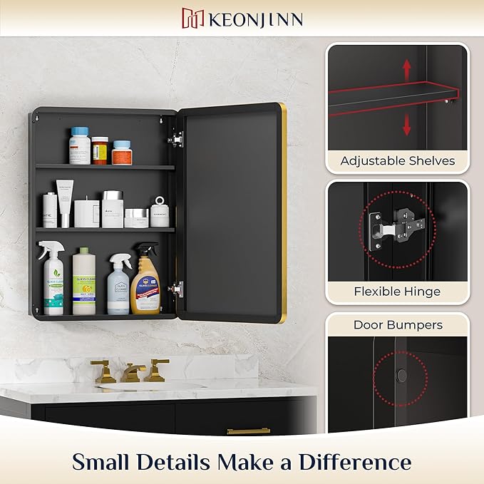 Keonjinn 24 x 32 Inch Gold Recessed Medicine Cabinets, Bathroom Mirrored Medicine Cabinet, Dim Brushed Brass Stainless Steel Framed, DTC Hinges, Stepless Adjustable Shelves, in Wall or Surface Mount