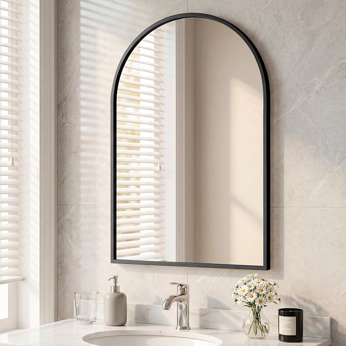 Arched Black Bathroom Mirrors for Wall, 26x38-Inch Bathroom Mirror for Over Sink, Wall Vanity Mirror with Matte Metal Frame and HD Shatter-Proof Glass for Entryway, Living Room, Bedroom