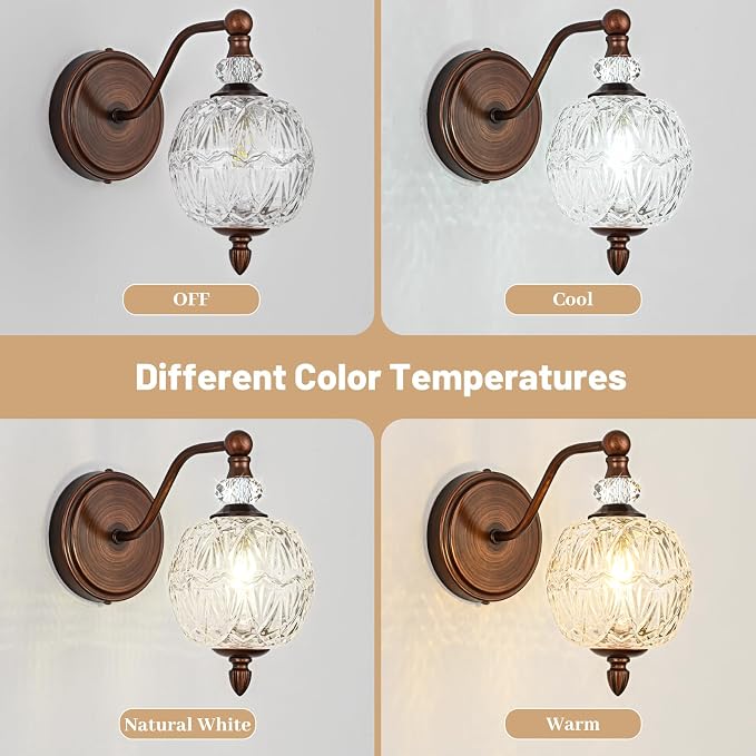 1 Piece Vintage Wall Sconce, 1-Light Mid Century Antique Red Bronze Finish Wall Sconce with Globe Glass Shade, Retro Light for Bathroom, Bedroom, Living Room,Powder Room