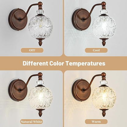 1 Piece Vintage Wall Sconce, 1-Light Mid Century Antique Red Bronze Finish Wall Sconce with Globe Glass Shade, Retro Light for Bathroom, Bedroom, Living Room,Powder Room