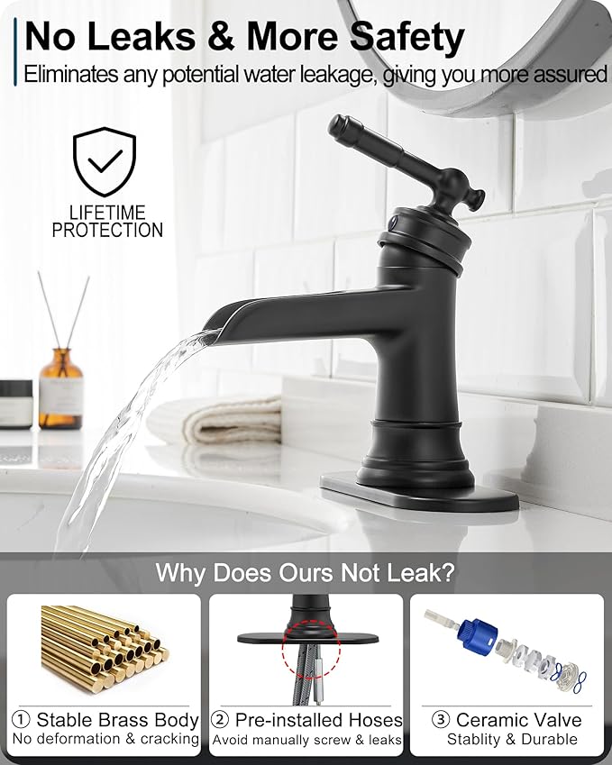 Waterfall Bathroom Faucet Black, Brass 1 Hole Bathroom Faucets Single Handle, 3 Holes 4 Inch with Pop-up Drain, Deck Plate & Supply Hoses for Vanity Lavatory RV, 5 Mins Quick Installation