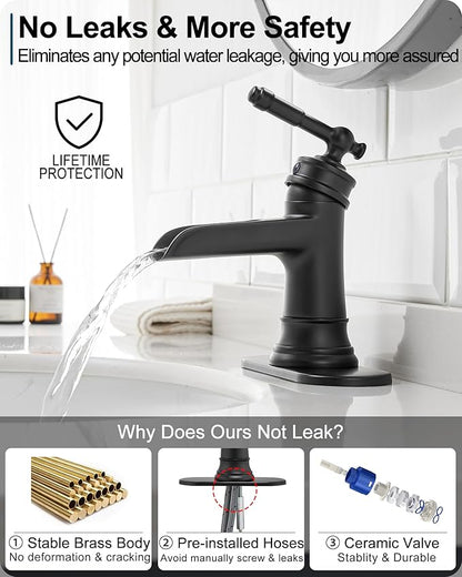 Waterfall Bathroom Faucet Black, Brass 1 Hole Bathroom Faucets Single Handle, 3 Holes 4 Inch with Pop-up Drain, Deck Plate & Supply Hoses for Vanity Lavatory RV, 5 Mins Quick Installation